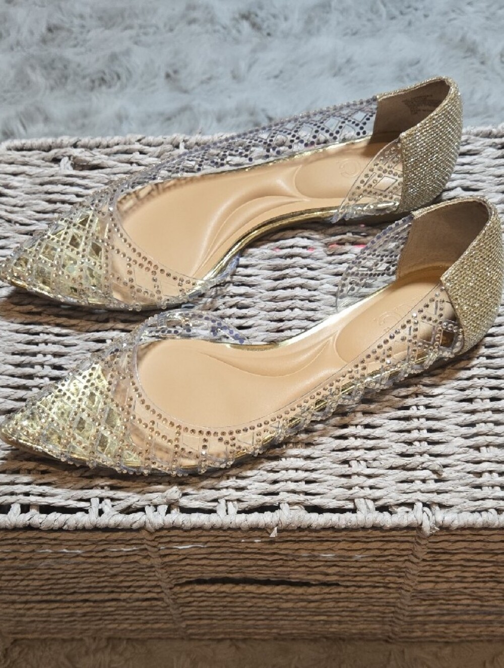 INC Arantza Pointed-Toe Metallic Gold Pointed D'Orsay Flats w/  Rhinestones